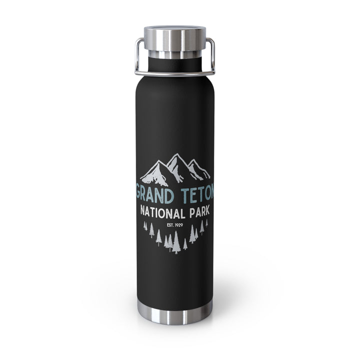 Grand Teton National Park souvenir water bottle featuring a mountain design with stainless steel construction.