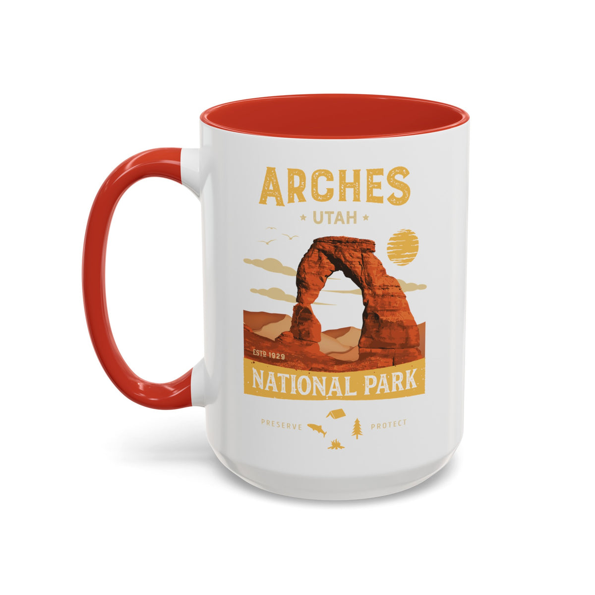 White 15 oz ceramic coffee mug with a red handle, featuring a detailed design of Arches National Park, Utah. Perfect for coffee or tea lovers.