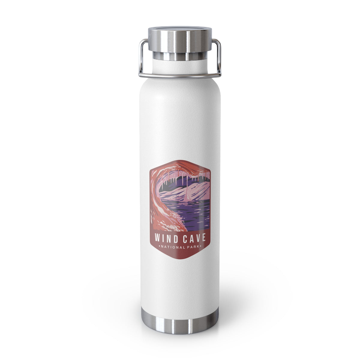 White stainless steel water bottle featuring a design of Wind Cave National Park with cave formations.