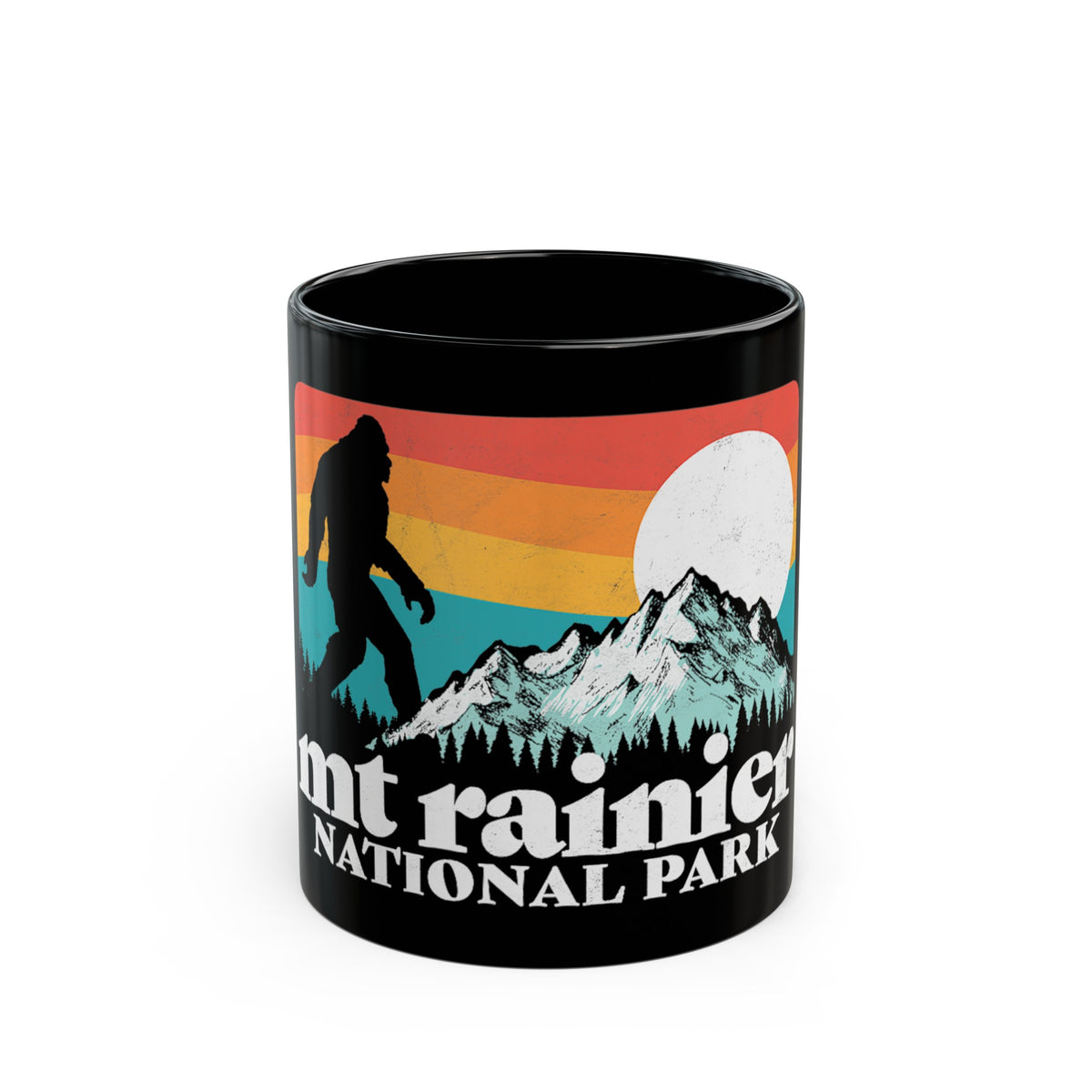 Mount Rainier National Park souvenir mug with Bigfoot and mountain design