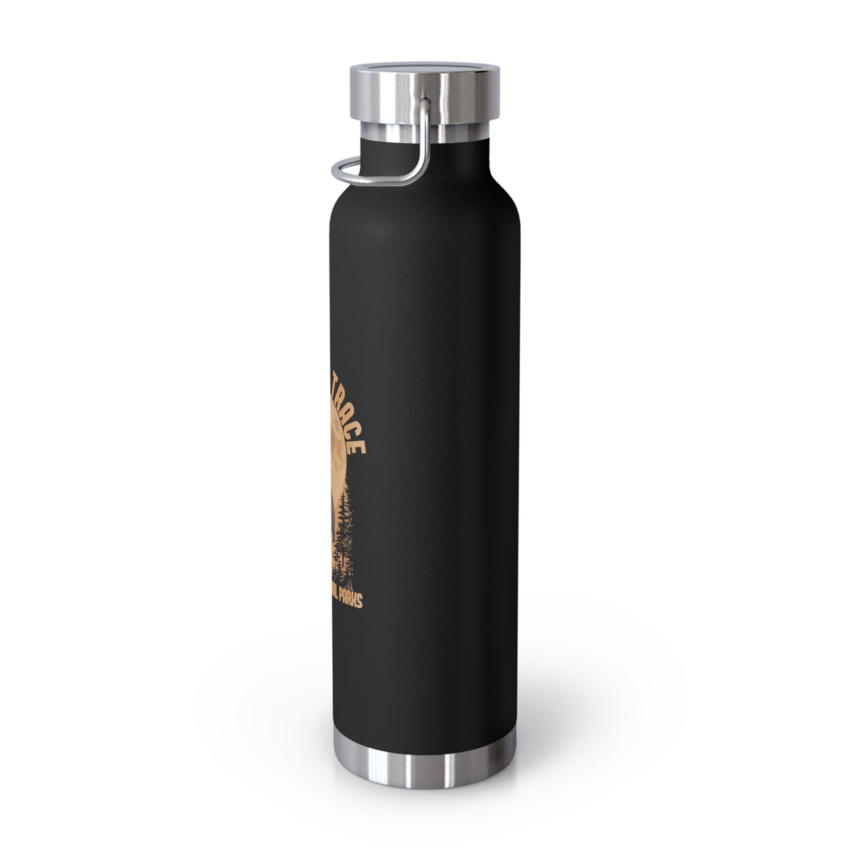 Water bottle with Leave No Trace design featuring a bear silhouette and full moon, promoting conservation in America's national parks.