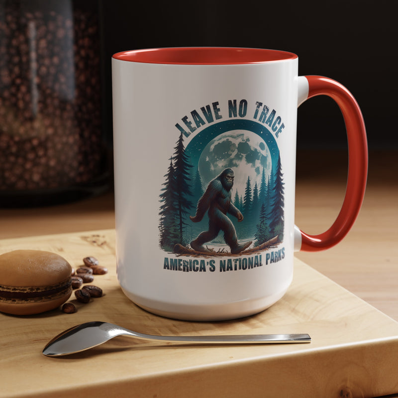 15 oz red ceramic mug with Bigfoot graphic and "Leave No Trace" text, featuring Yosemite National Park scenery.