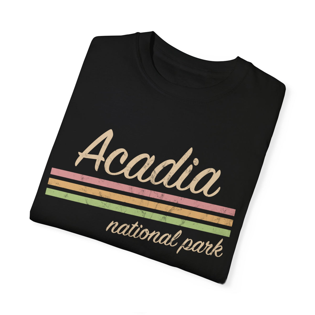 Acadia National Park T-shirt featuring a retro design with pastel stripes and "Acadia national park" text.