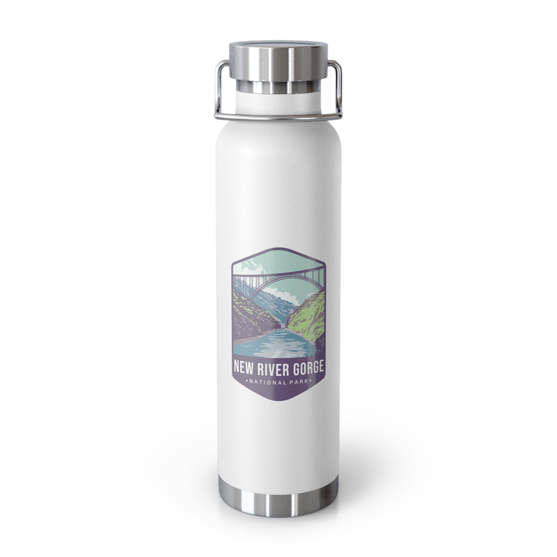 White stainless steel water bottle with a scenic design of New River Gorge National Park.