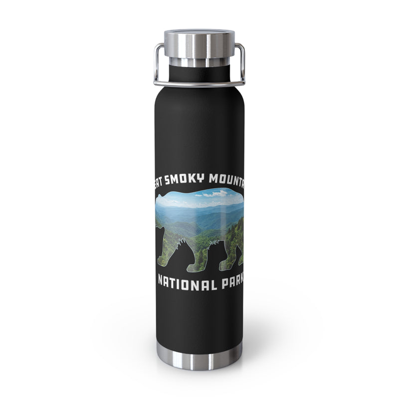 Image of an insulated souvenir bottle featuring a scenic bear silhouette with mountains and forest design from Great Smoky Mountains National Park, Tennessee & North Carolina.