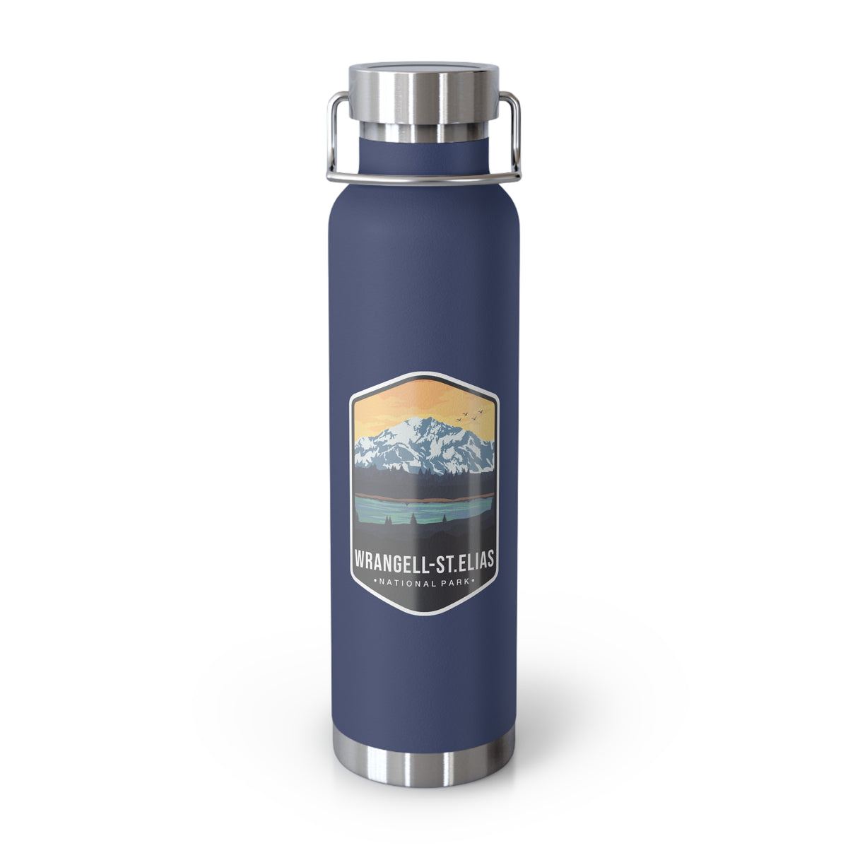 Navy stainless steel water bottle featuring a design of Wrangell-St. Elias National Park with mountain and sunset scenery.