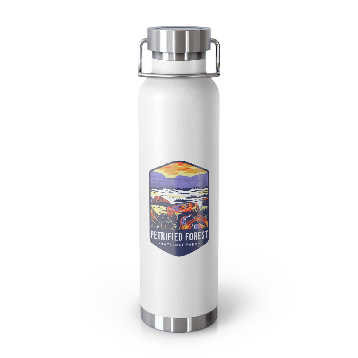 White stainless steel water bottle featuring a colorful design of Petrified Forest National Park with scenic landscapes.