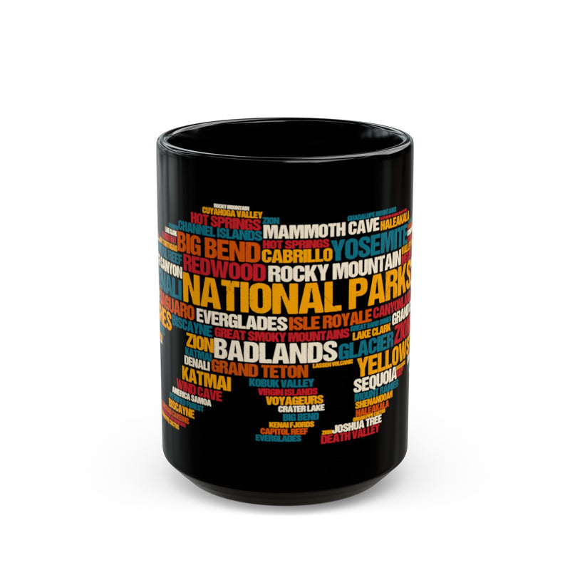 Black ceramic mug featuring a colorful word map design of U.S. National Parks names.