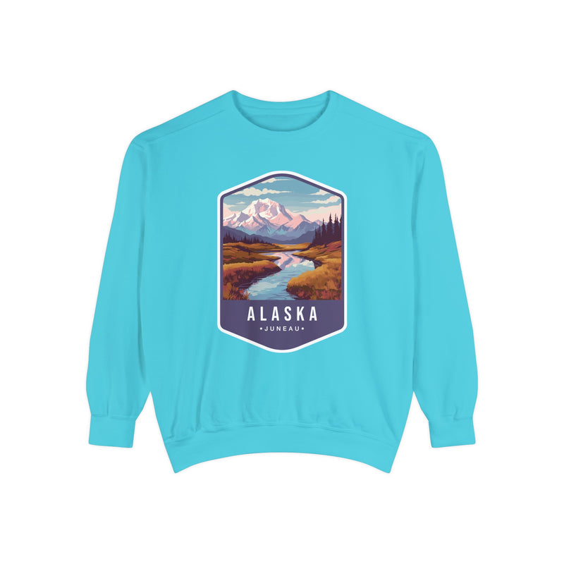 Cozy Alaska Juneau Sweatshirt - Scenic Mountain River Design - Unisex Garment-Dyed Cozy Fleece