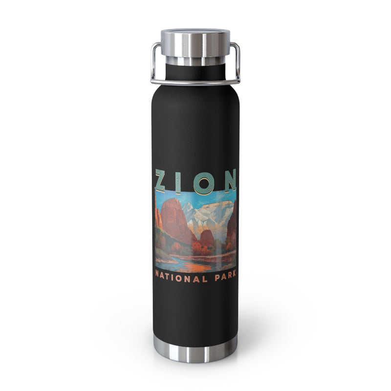 Image of a stainless steel water bottle featuring a scenic design from Zion National Park in Utah.