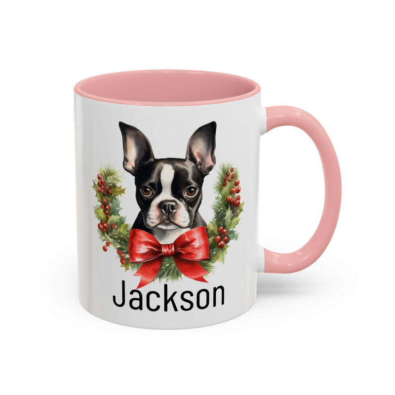 Personalized Boston Terrier Christmas Mug, Custom Dog Name Ceramic Mug, 11oz or 15oz