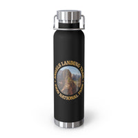 Image of a stainless steel water bottle featuring a design from Angels Landing Trail in Zion National Park, Utah.