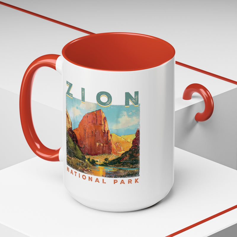 Ceramic mug featuring a scenic design of Zion National Park, ideal as a souvenir.