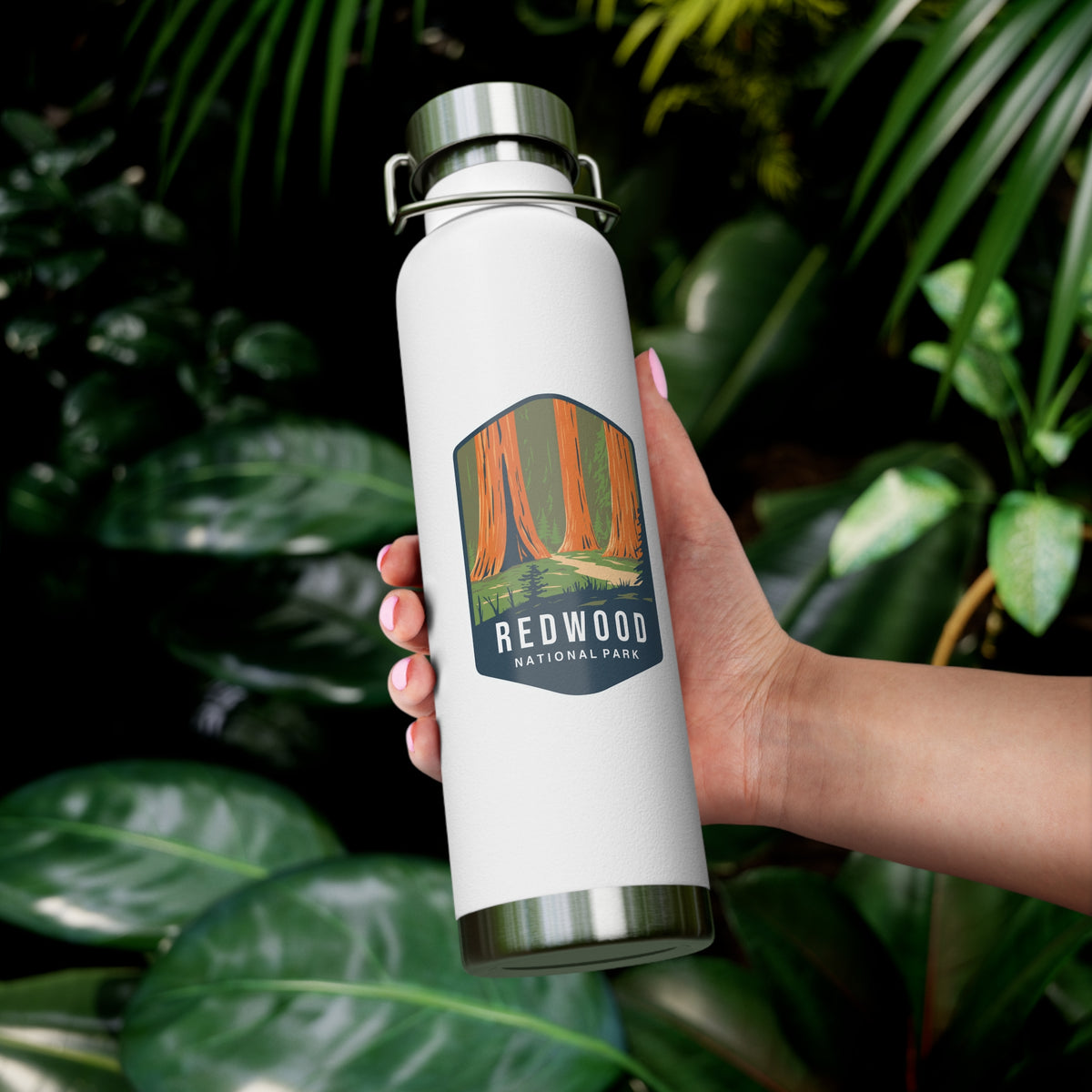 White stainless steel water bottle featuring a design of Redwood National Park with towering redwood trees.