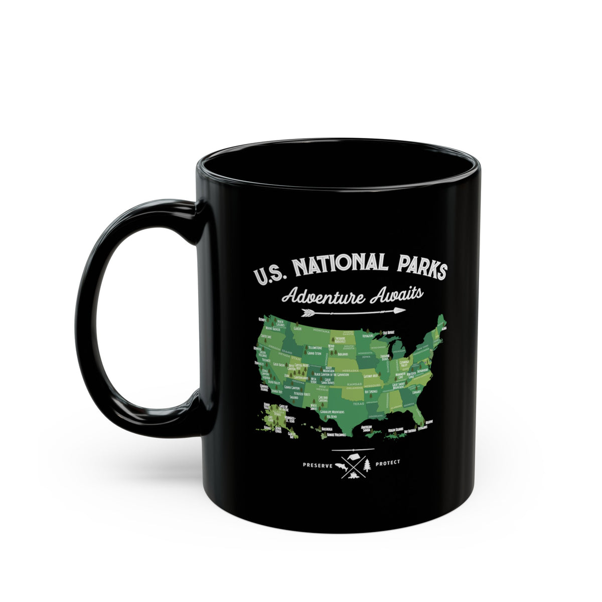 Black ceramic mug featuring a map design of U.S. National Parks with the text "U.S. National Parks Adventure Awaits."