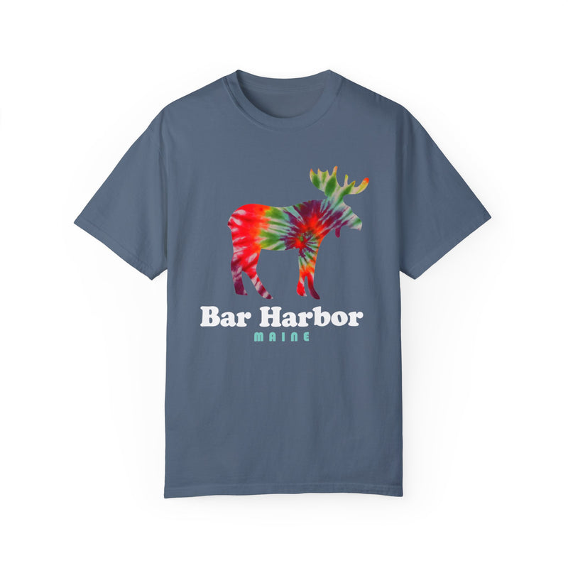 Moose graphic t-shirt with "Bar Harbor Maine" text, showcasing a colorful moose silhouette, a souvenir from Bar Harbor, Maine.