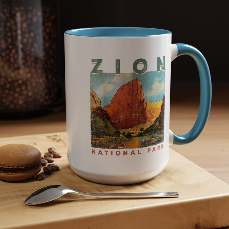 Ceramic mug featuring a scenic design of Zion National Park, ideal as a souvenir.