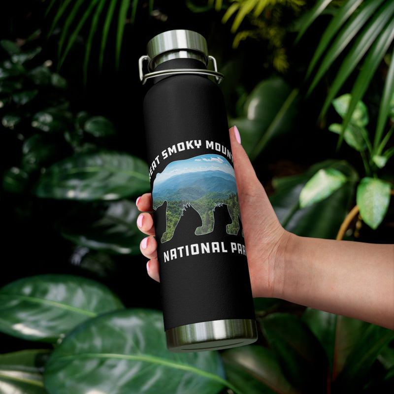 Image of an insulated souvenir bottle featuring a scenic bear silhouette with mountains and forest design from Great Smoky Mountains National Park, Tennessee & North Carolina.