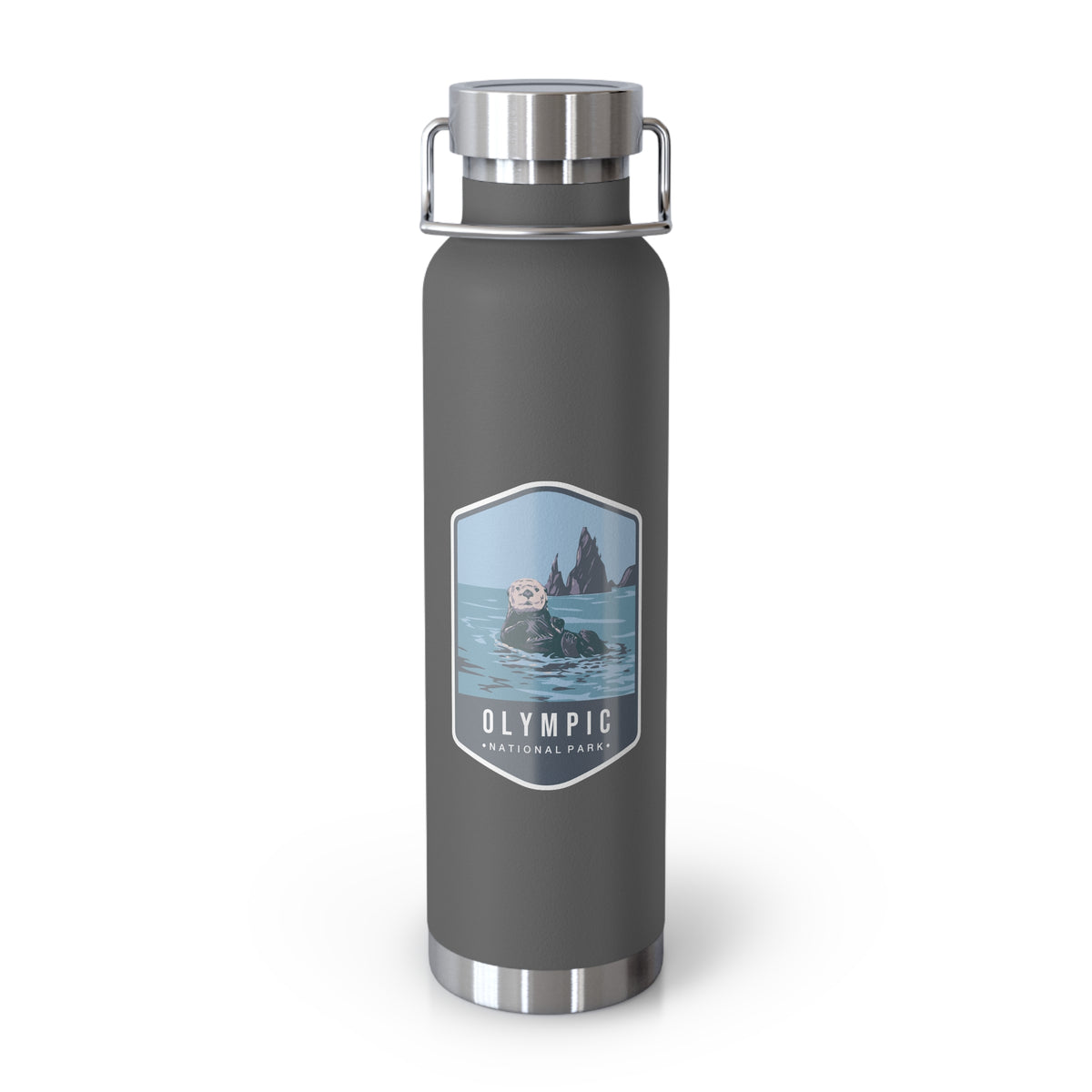 Grey stainless steel water bottle featuring an Olympic National Park design with an otter swimming in the ocean.