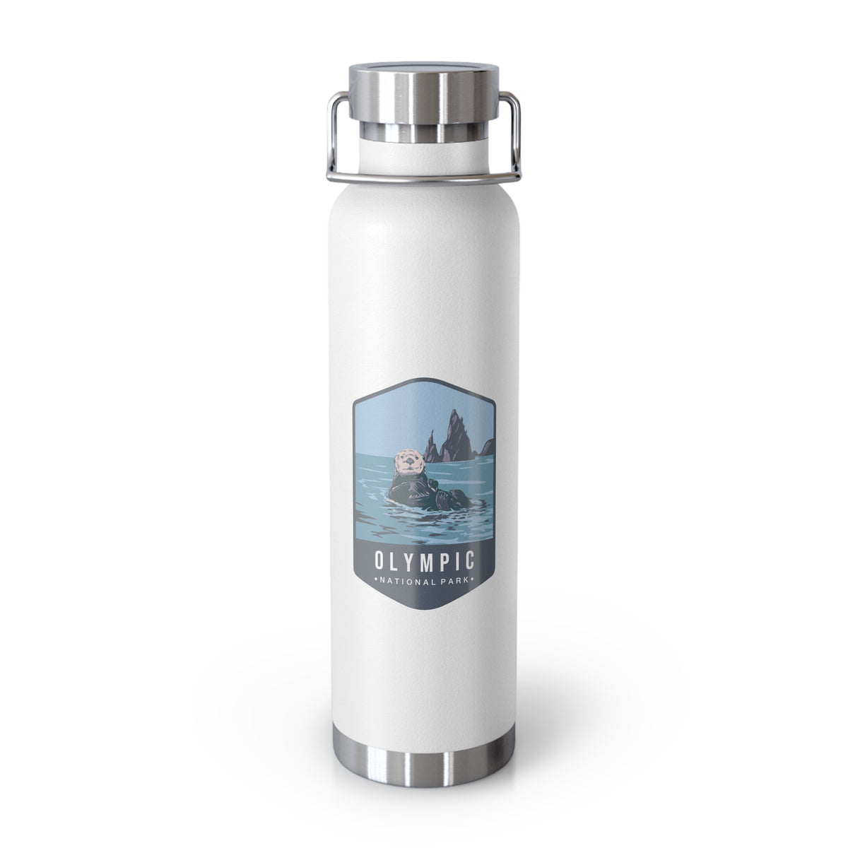 White stainless steel water bottle featuring an Olympic National Park design with an otter swimming in the ocean.