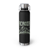 Stainless steel water bottle featuring an Acadia National Park design with a mountain illustration and "Est. 1916" text, durable powder-coated finish.