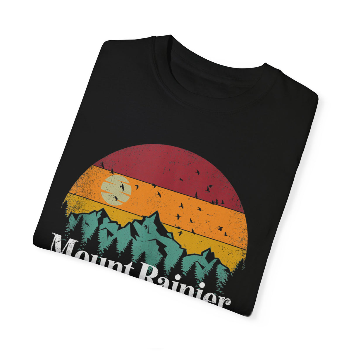 T-shirt featuring Mt. Rainier National Park with a sunset and mountain design.