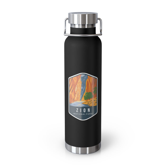 Black stainless steel water bottle featuring a design of Zion National Park with a waterfall and canyon scenery.