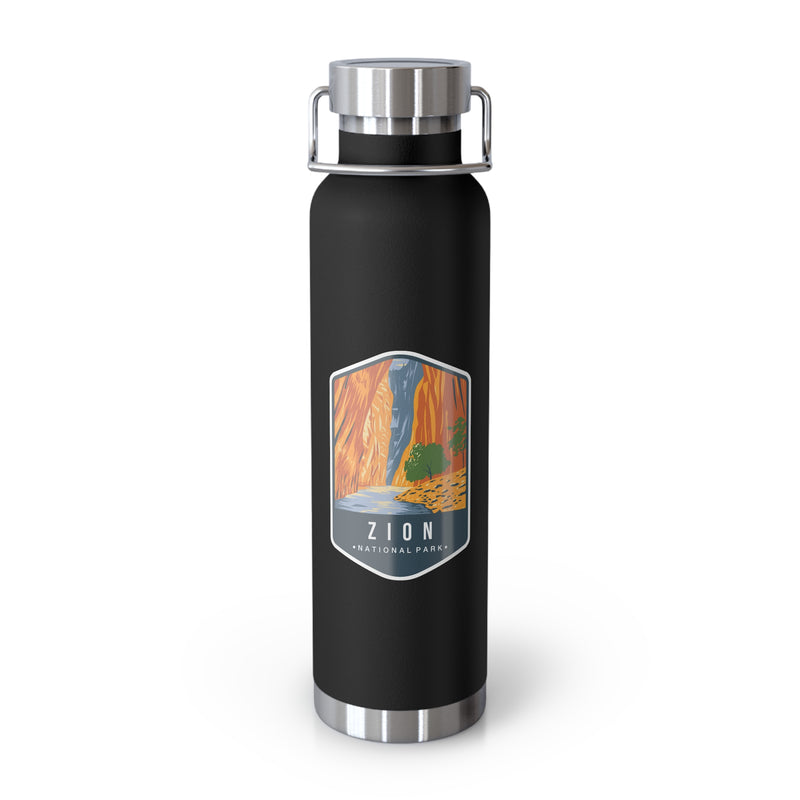 Black stainless steel water bottle featuring a design of Zion National Park with a waterfall and canyon scenery.