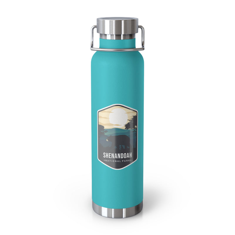 Mint Green stainless steel water bottle featuring a design of Shenandoah National Park with mountain and sunset scenery.