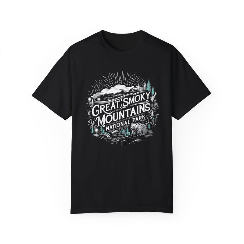 T-shirt featuring a detailed scenic design with mountains, trees, and the text "Great Smoky Mountains National Park."