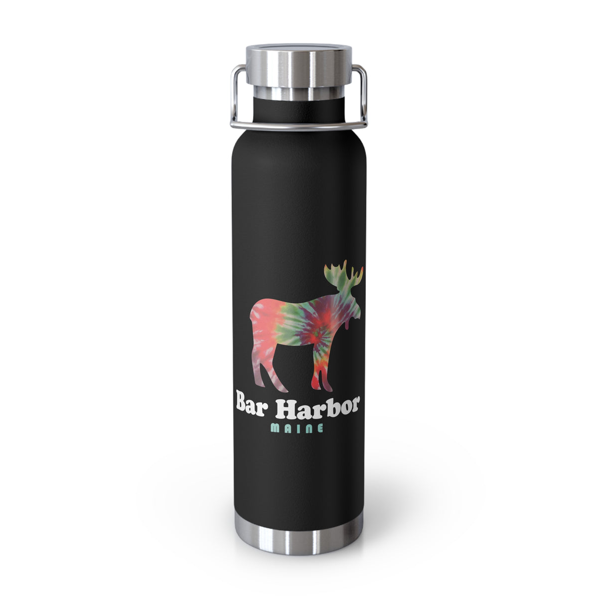 Stainless steel water bottle featuring a Bar Harbor, Maine design with a tie-dye moose illustration, durable powder-coated finish.