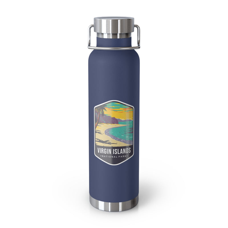 Navy stainless steel water bottle featuring a design of Virgin Islands National Park with a beach and palm trees.