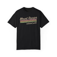 T-shirt featuring a retro design with "Mount Rainier National Park" text and vintage stripes.