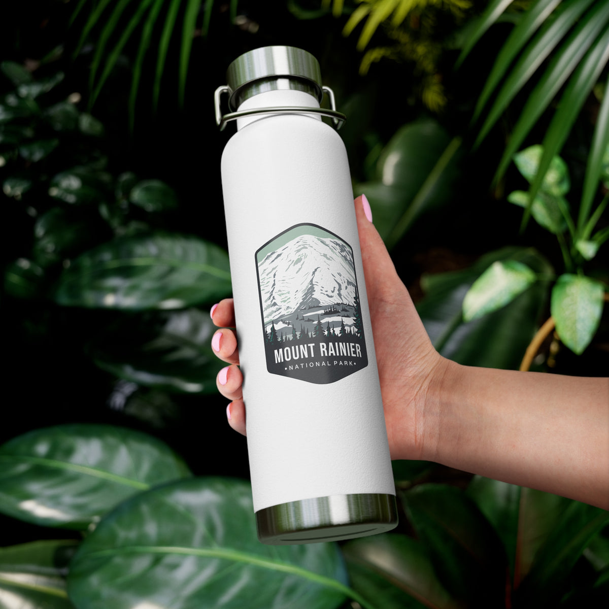 White stainless steel water bottle with a scenic design of Mount Rainier National Park.