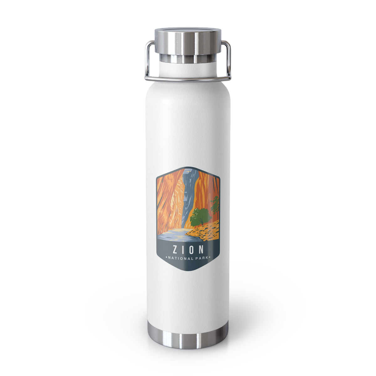 White stainless steel water bottle featuring a design of Zion National Park with a waterfall and canyon scenery.