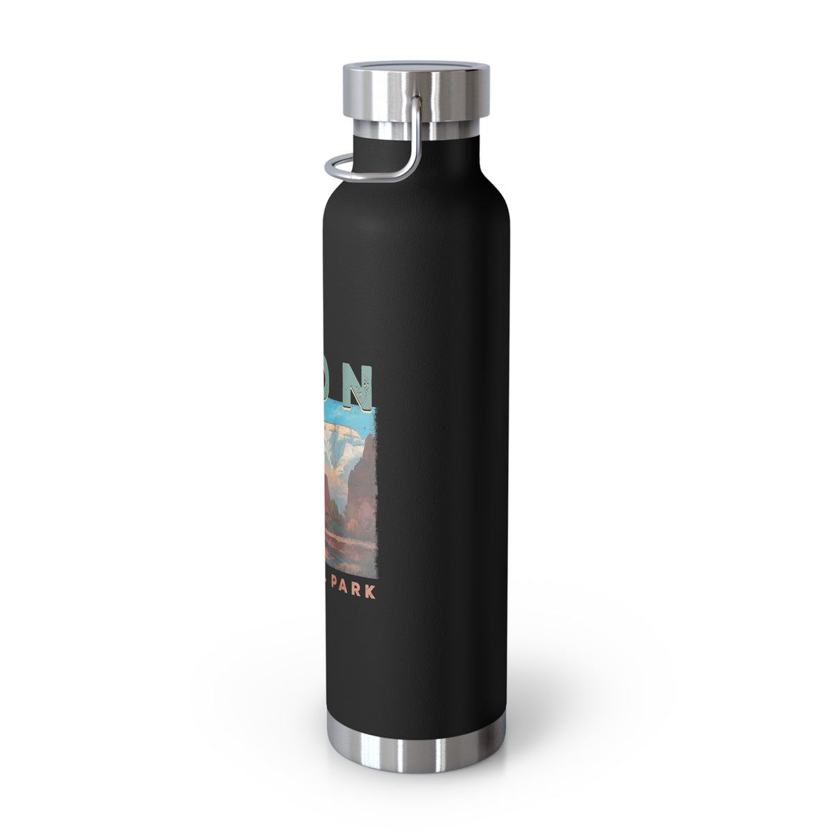 Image of a stainless steel water bottle featuring a scenic design from Zion National Park in Utah.