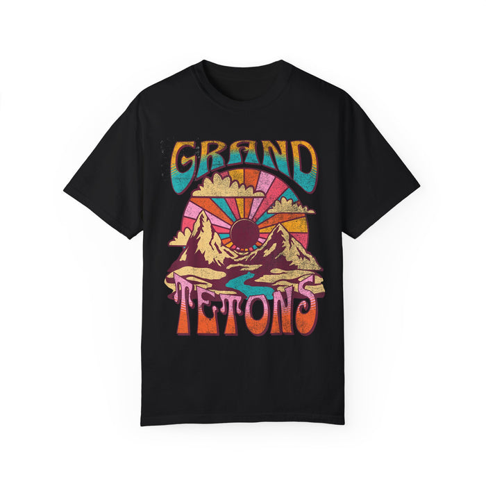 Grand Teton National Park T-shirt featuring a retro graphic design with a sunburst and mountain scene.