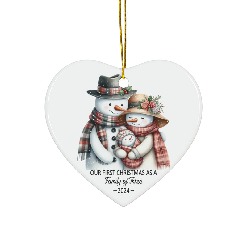 First Christmas as a Family of Three 2024 Ornament, Heart Shaped Ceramic Snowman New Baby Girl Family Keepsake