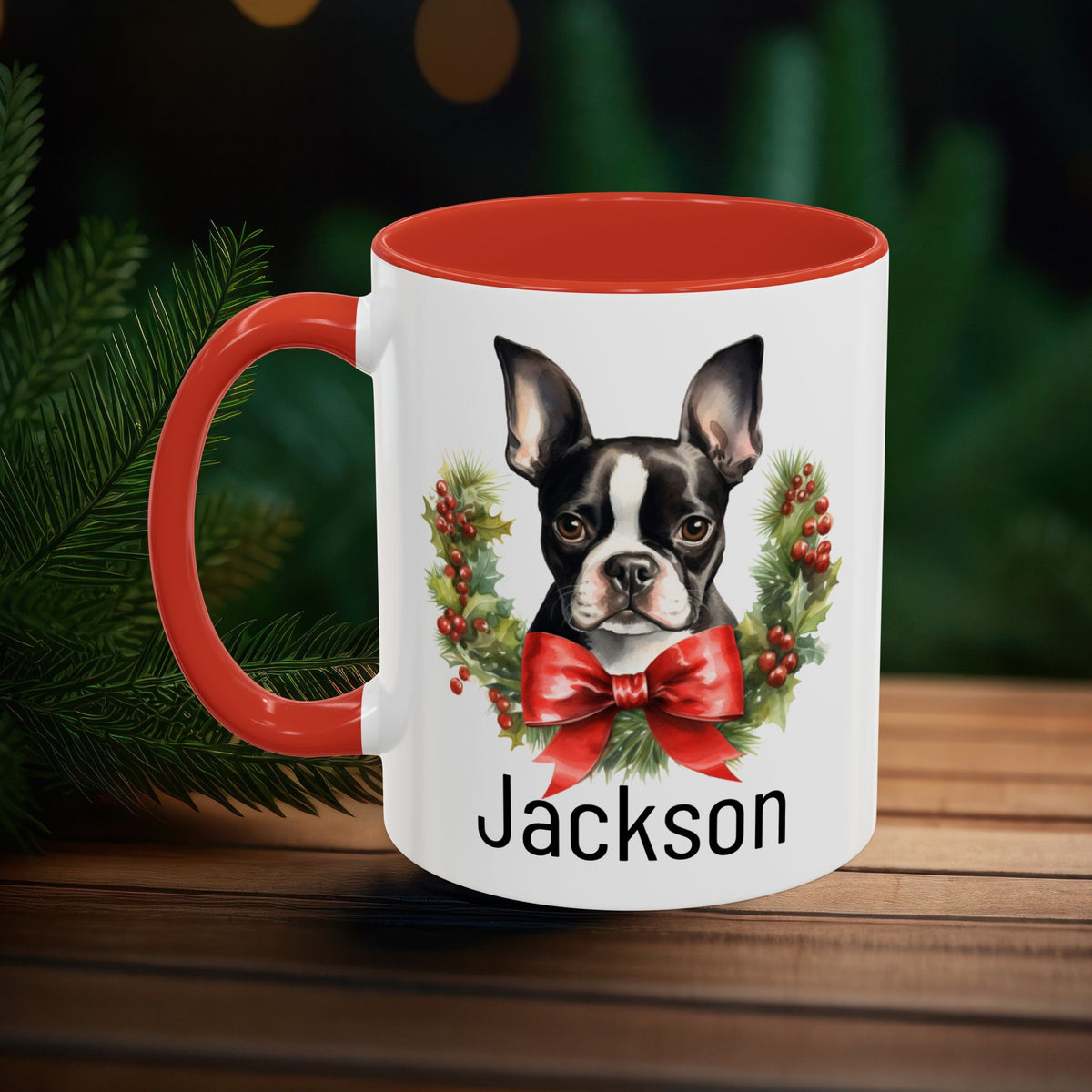 Personalized Boston Terrier Christmas Mug, Custom Dog Name Ceramic Mug, 11oz or 15oz