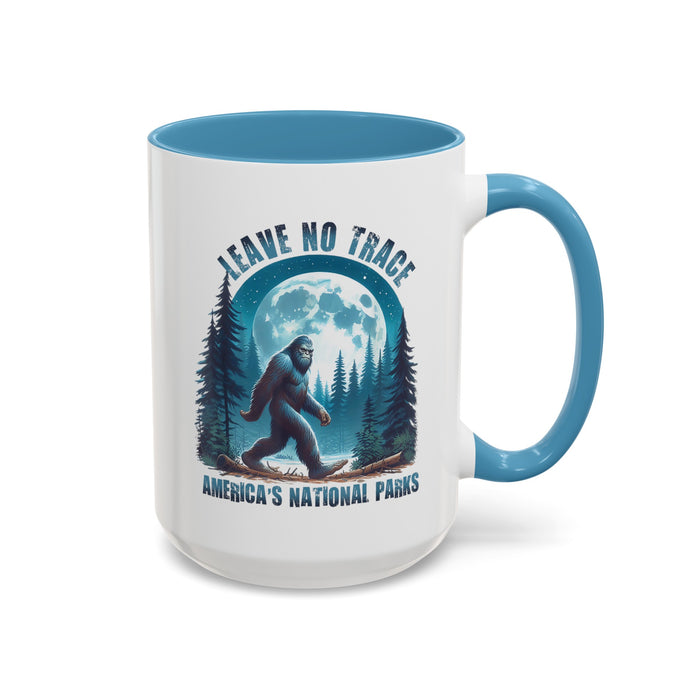 15 oz light blue ceramic mug with Bigfoot graphic and "Leave No Trace" text, featuring Yosemite National Park scenery.