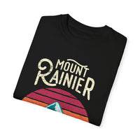 T-shirt featuring Mt. Rainier National Park with an elk and sunset design.