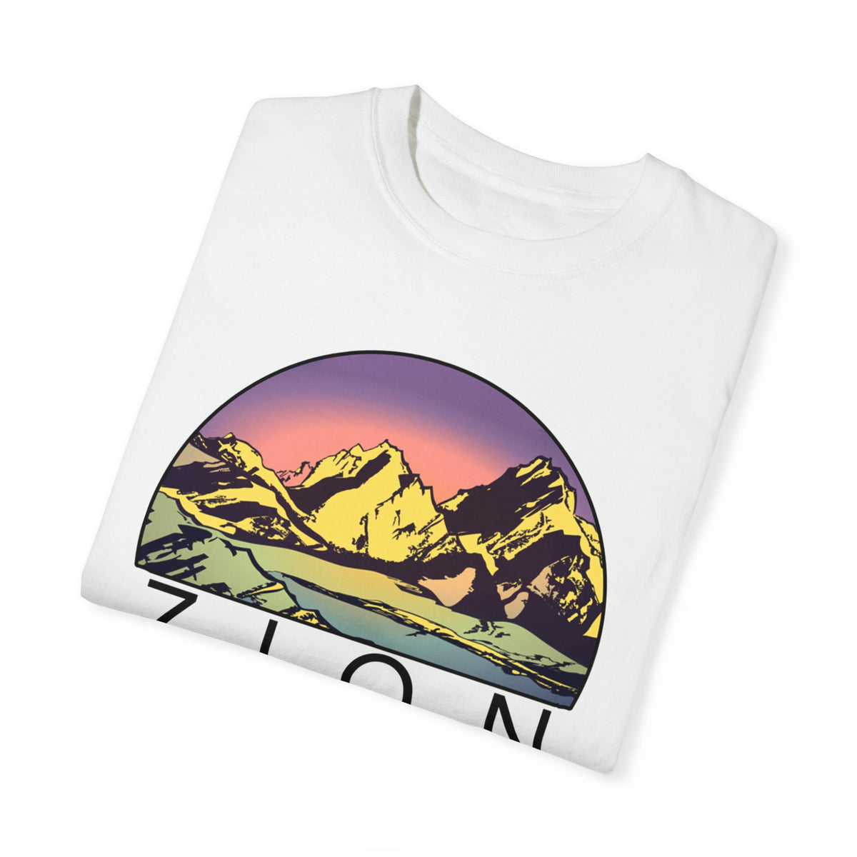 T-shirt featuring a sunset mountain design with Zion National Park text.