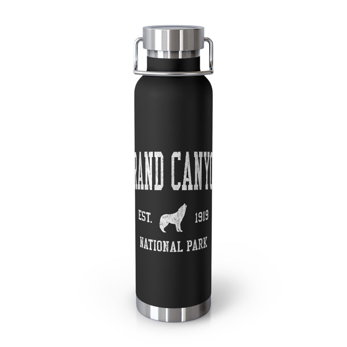 Grand Canyon National Park souvenir water bottle featuring a wolf design and stainless steel construction.