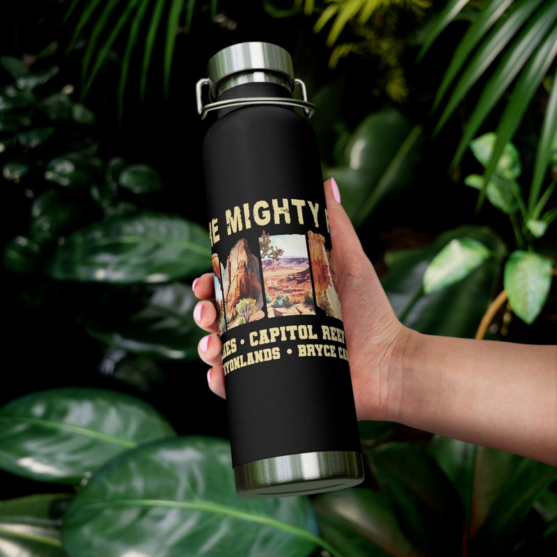 Image of a stainless steel water bottle featuring designs from the Mighty Five National Parks.