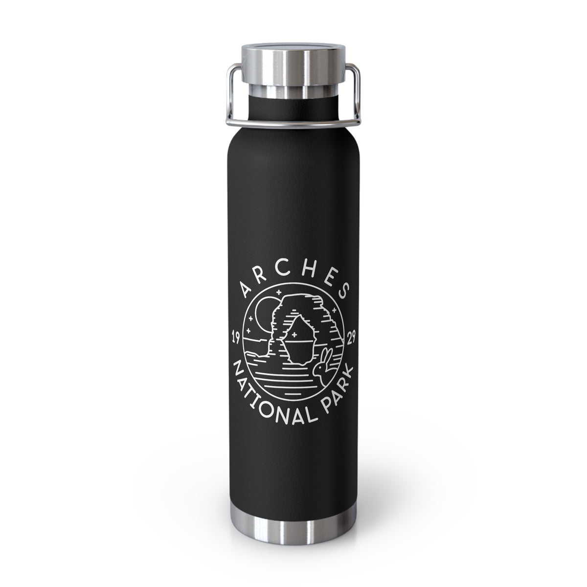 Image of a stainless steel water bottle featuring a design from Arches National Park.