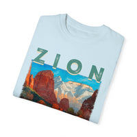 T-shirt with a vivid scenic design of Zion National Park featuring mountains and a river.