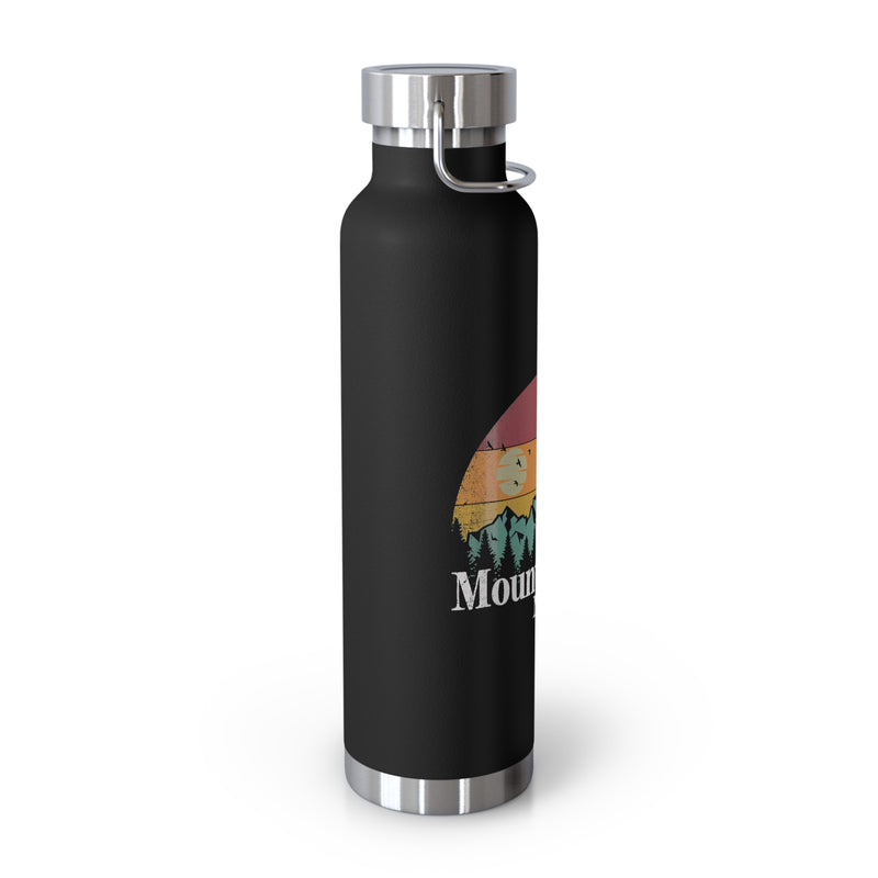 Stainless steel water bottle featuring a Mount Rainier National Park design with a sunset and mountain illustration, durable powder-coated finish.