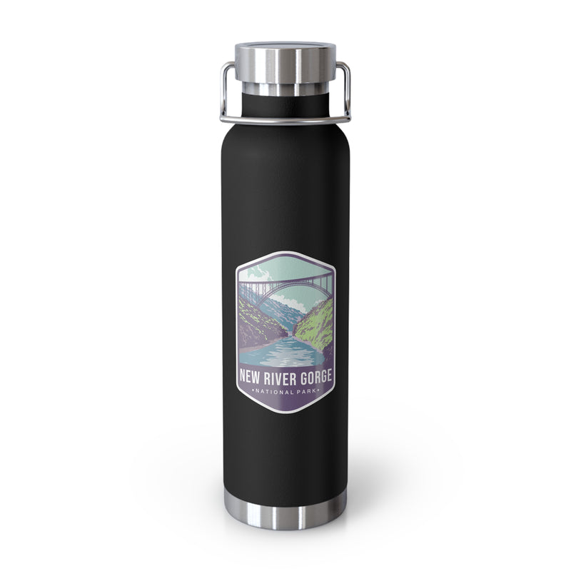 Black stainless steel water bottle with a scenic design of New River Gorge National Park.