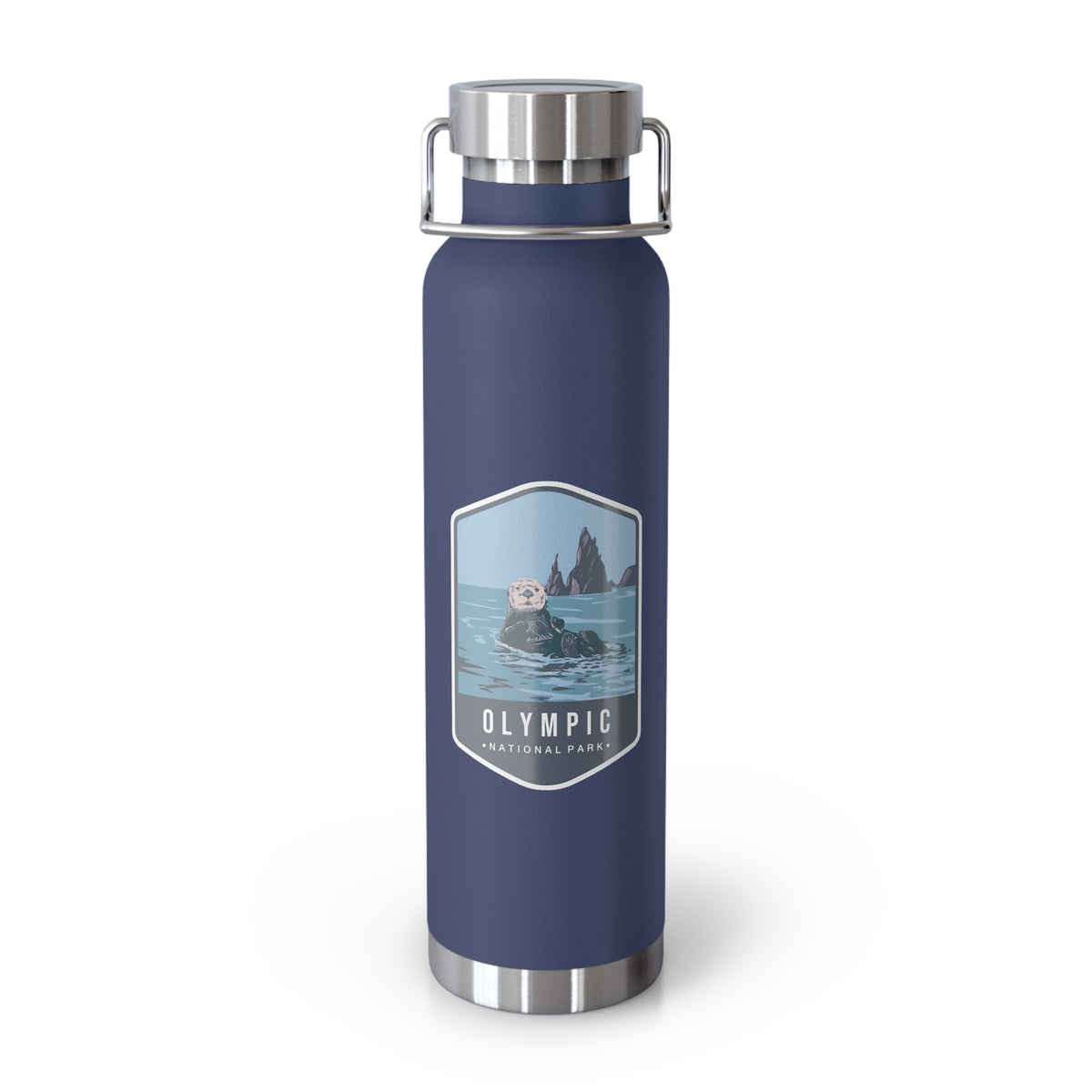 Navy stainless steel water bottle featuring an Olympic National Park design with an otter swimming in the ocean.