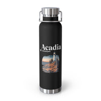 Stainless steel water bottle featuring an Acadia National Park design with a lighthouse and coastal illustration, durable powder-coated finish.